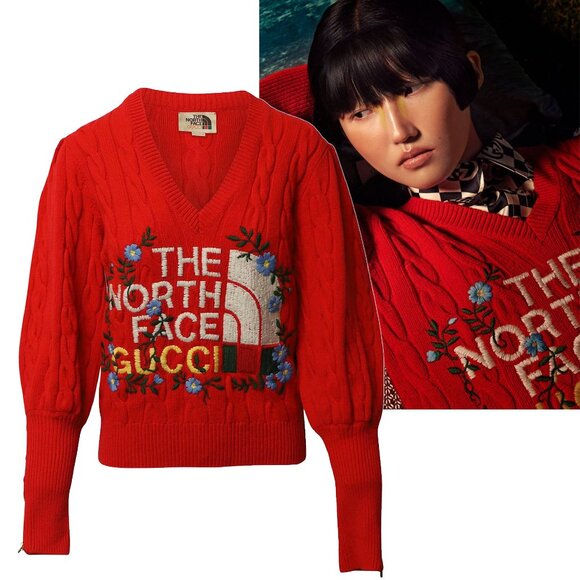 GUCCI SWEATER THE NORTH FACE X LOGO EMBROIDERED V NECK WOOL JUMPER sz M MEDIUM - Picture 1 of 14